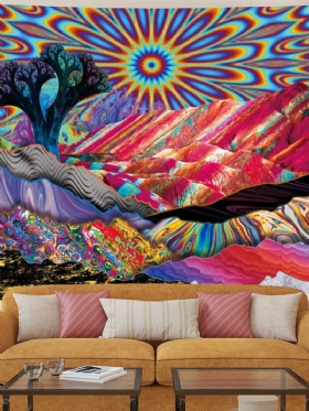 Psychedelic Mountain Sun Tapestry Abstract Trees Colorful Nature Landscape Βοημία