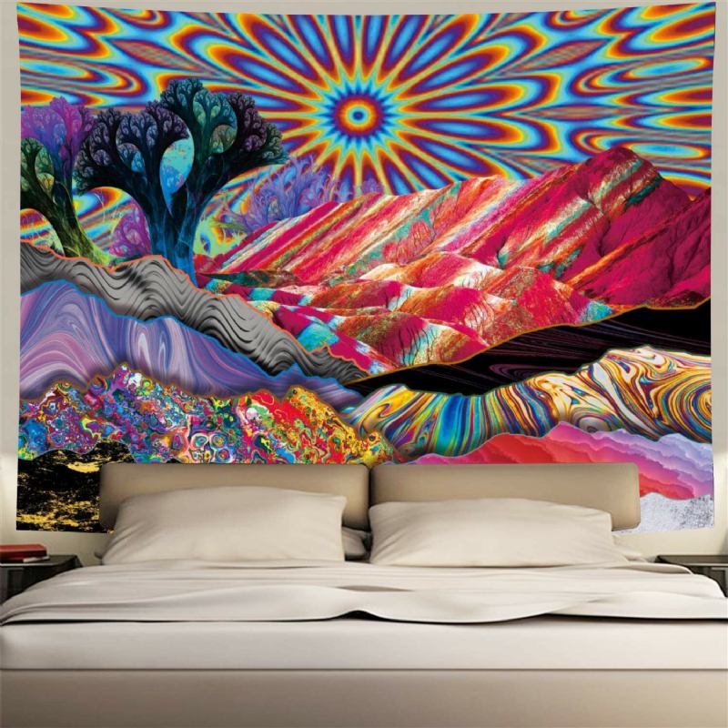 Psychedelic Mountain Sun Tapestry Abstract Trees Colorful Nature Landscape Βοημία