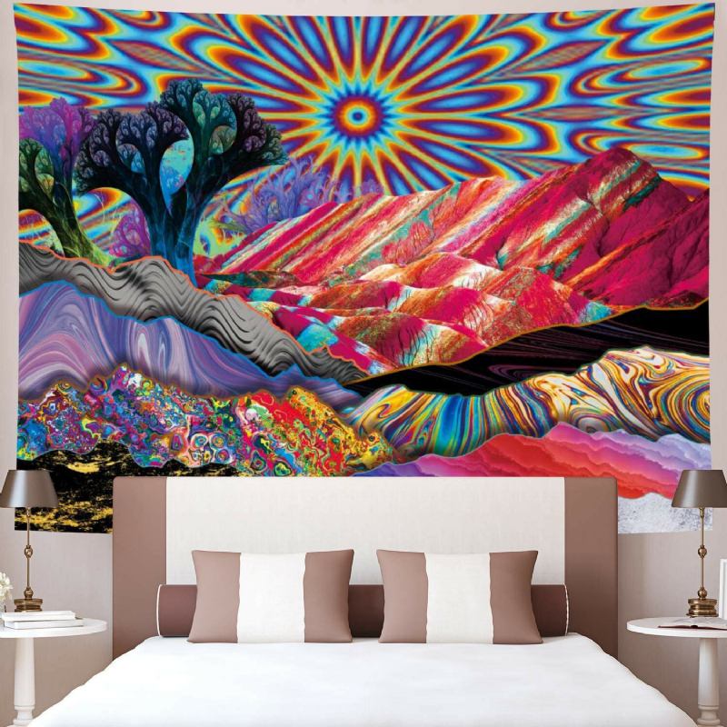 Psychedelic Mountain Sun Tapestry Abstract Trees Colorful Nature Landscape Βοημία