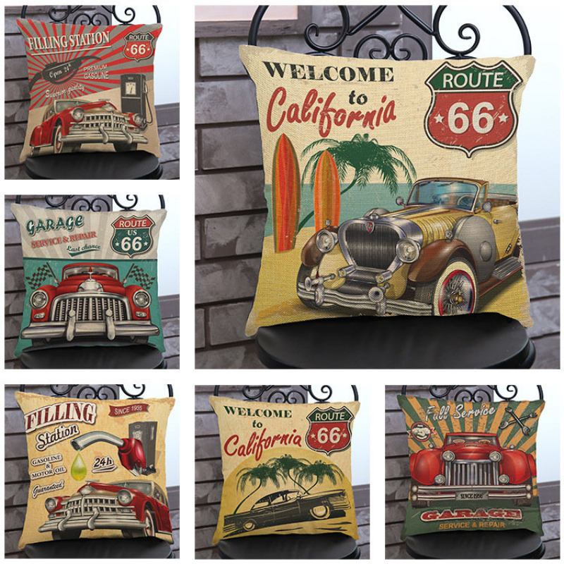 Vintage America Route 66 Classic Cars Μοτίβο Λινό Κάλυμμα Μαξιλαριού Καναπέ Για Το Σπίτι Art Decor Μαξιλαροθήκες