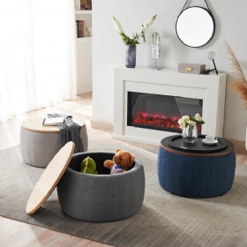 Round Storage Ottoman 2 Σε 1 Λειτουργία Ως Τελικό Τραπέζι Και Navy (25.5x25.5x14.5 Ίντσες)