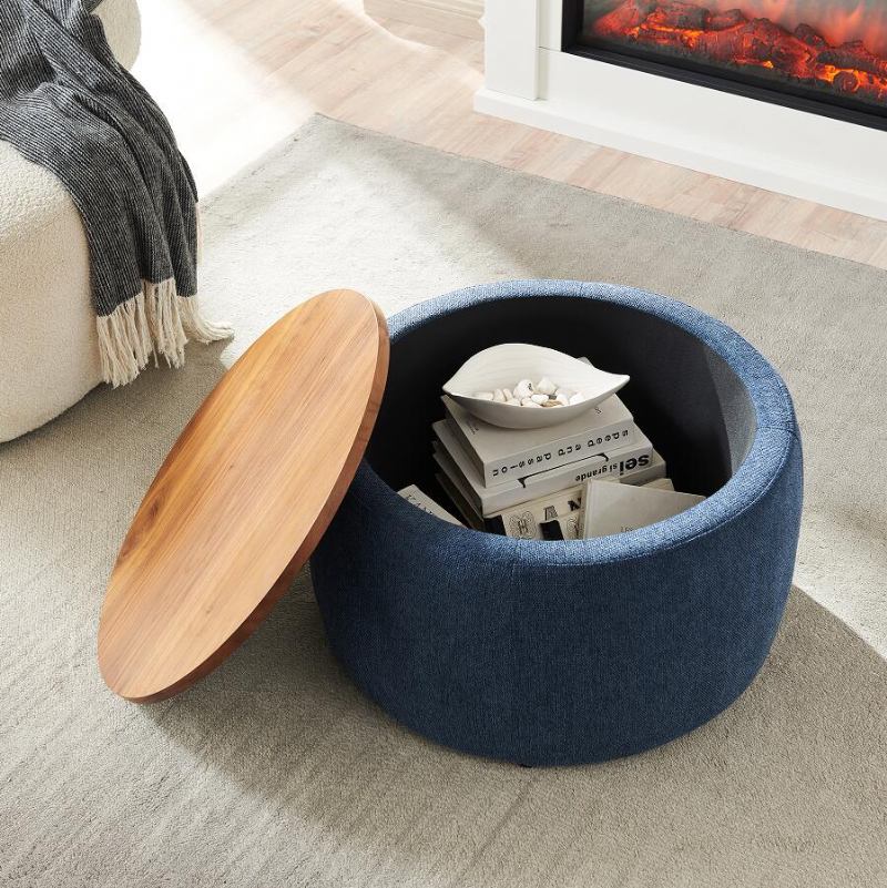 Round Storage Ottoman 2 Σε 1 Λειτουργία Ως Τελικό Τραπέζι Και Navy (25.5x25.5x14.5 Ίντσες)