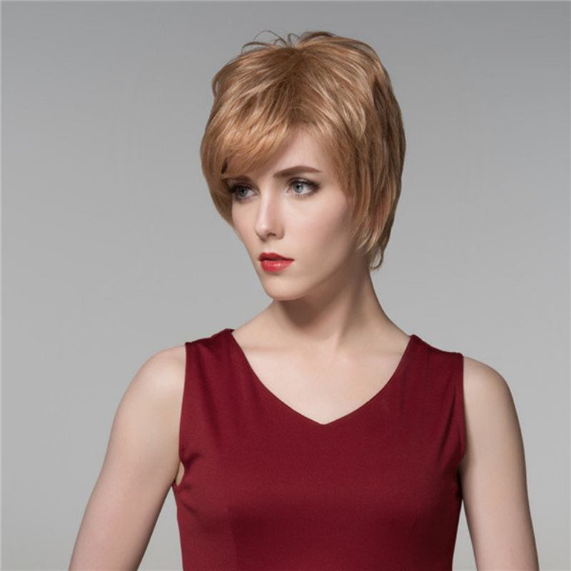 Lady Short Cool Straight Human Hair Περούκα Virgin Remy Mono Top Capless Side Bang 14 Χρώματα