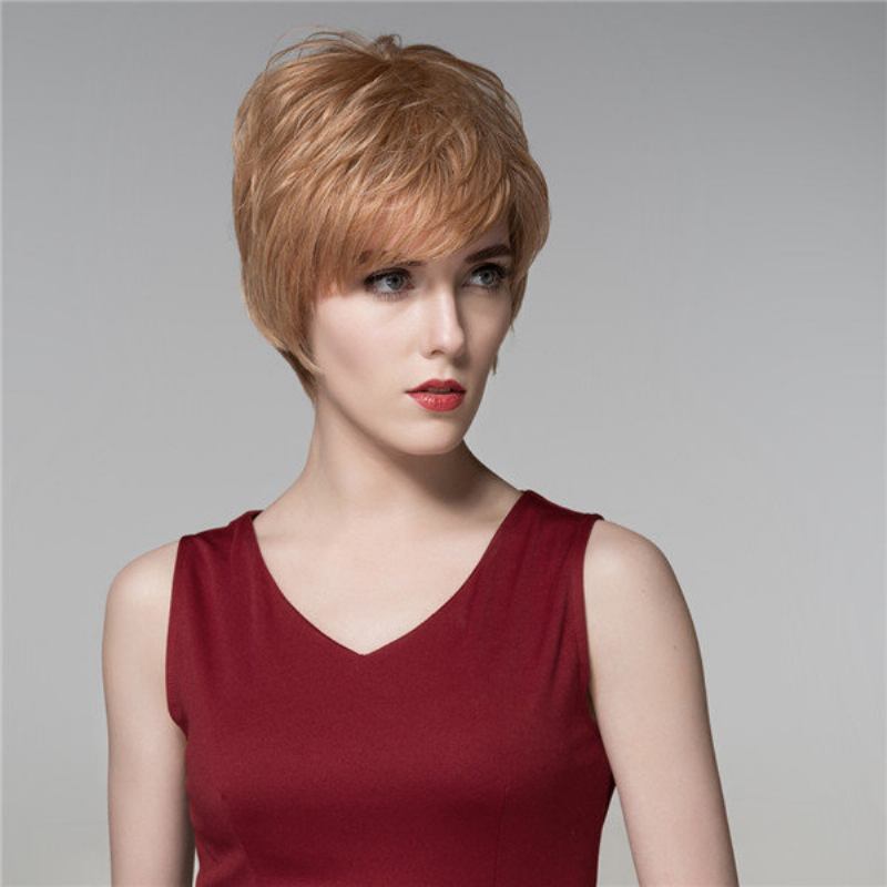 Lady Short Cool Straight Human Hair Περούκα Virgin Remy Mono Top Capless Side Bang 14 Χρώματα