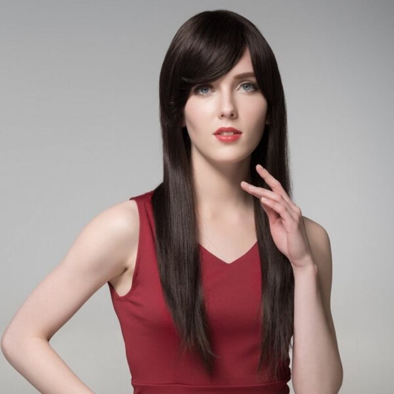 Straight Long Human Hair Side Bang Wig Virgin Remy Mono Top Capless 8 Χρώματα