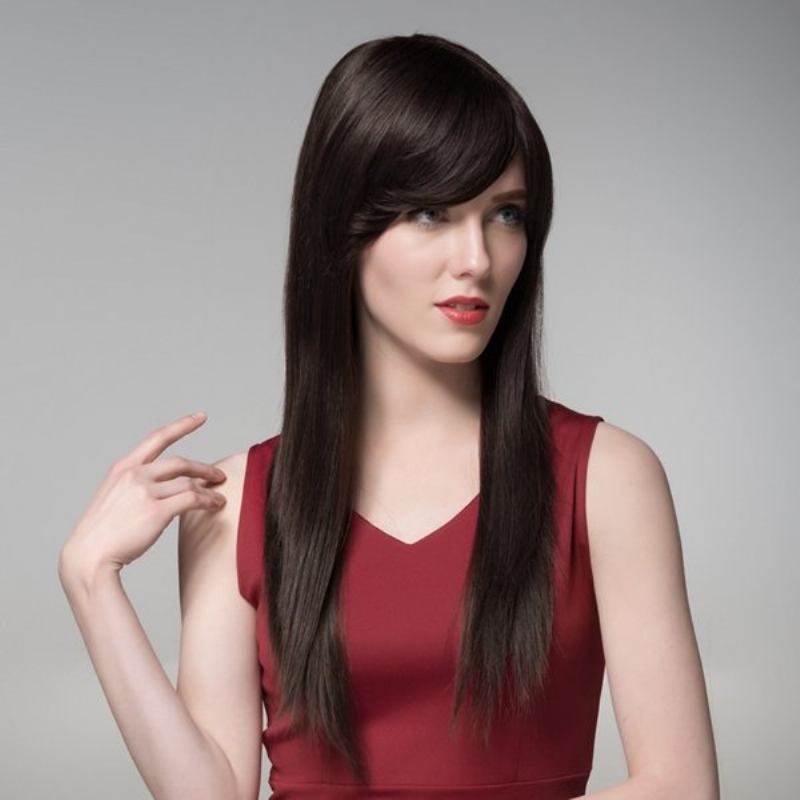 Straight Long Human Hair Side Bang Wig Virgin Remy Mono Top Capless 8 Χρώματα