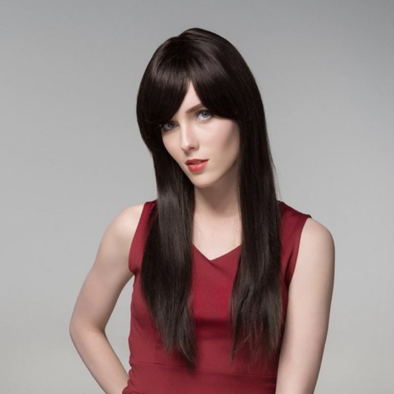 Straight Long Human Hair Side Bang Wig Virgin Remy Mono Top Capless 8 Χρώματα