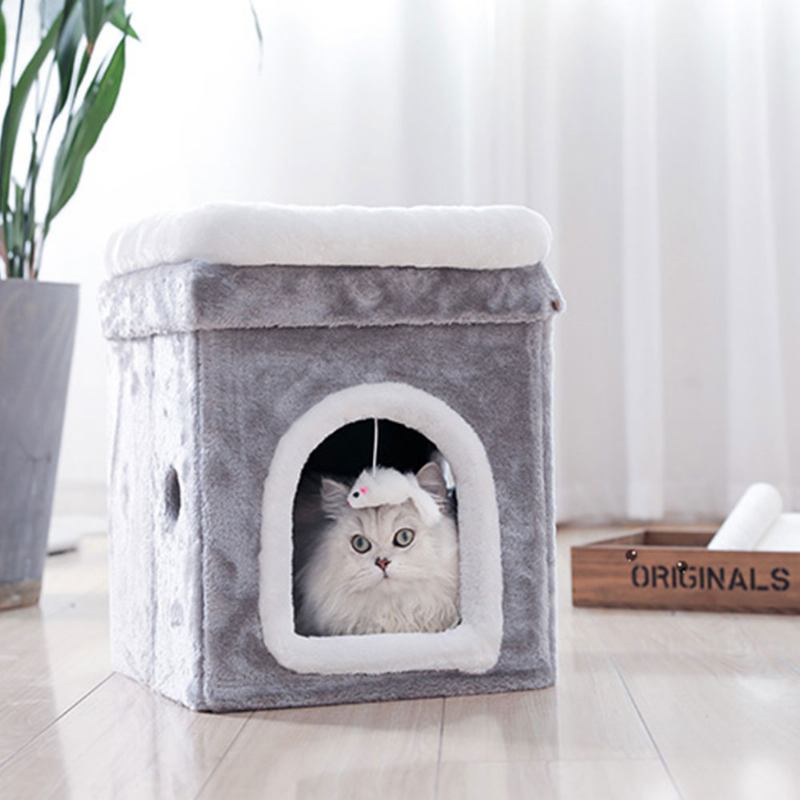 Cat House Υλικό Γούνας Κύβος Για Σπίτι Κατοικίδιων Για Γάτες Με Πτυσσόμενο Ποντίκι Φωλιά Γάτας Διπλών Στρωμάτων