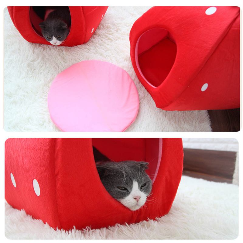 Strawberry Cat House Που Πλένεται Μαλακό Ανθεκτικό Αποσπώμενη Φωλιά Κατοικίδιων Φθινοπωρινή Χειμερινή Αξεσουάρ Για Κατοικίδια Παχύ Κρεβάτι Για