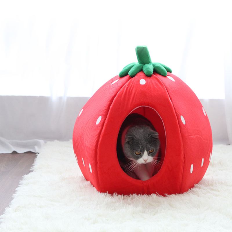 Strawberry Cat House Που Πλένεται Μαλακό Ανθεκτικό Αποσπώμενη Φωλιά Κατοικίδιων Φθινοπωρινή Χειμερινή Αξεσουάρ Για Κατοικίδια Παχύ Κρεβάτι Για