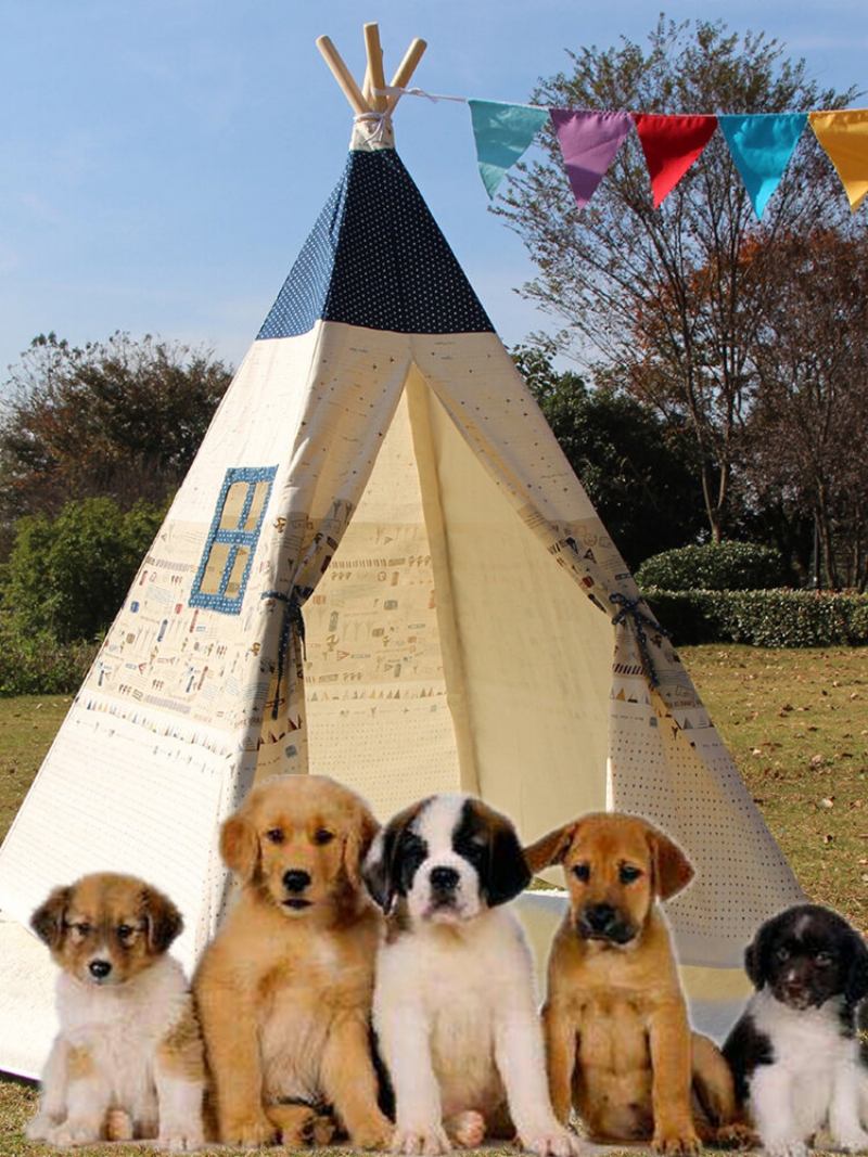 Μεγάλα Παιδικά Κατοικίδια Teepee Καμβά Tent Tipi Outdoor Beige Με Μαξιλαράκι Δαπέδου