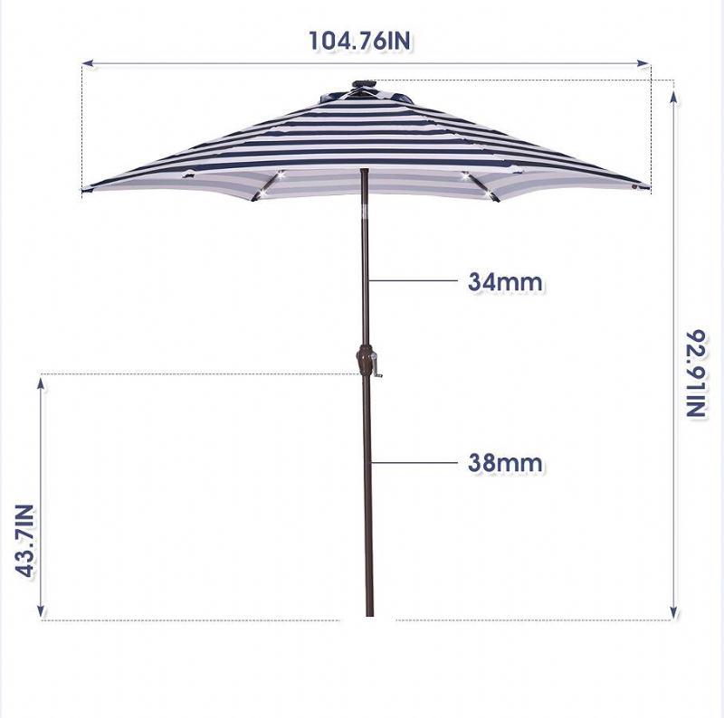 Επιτραπέζια Ομπρέλα Αγοράς 8.7 Ποδιών Εξωτερικού Χώρου Βεράντας Με Κλίση Κουμπιού Και Μανιβέλα Μπλε Λευκές Ρίγες Με 24 Φώτα Led Βάση Ομπρέλας Δεν Περιλαμβάνεται