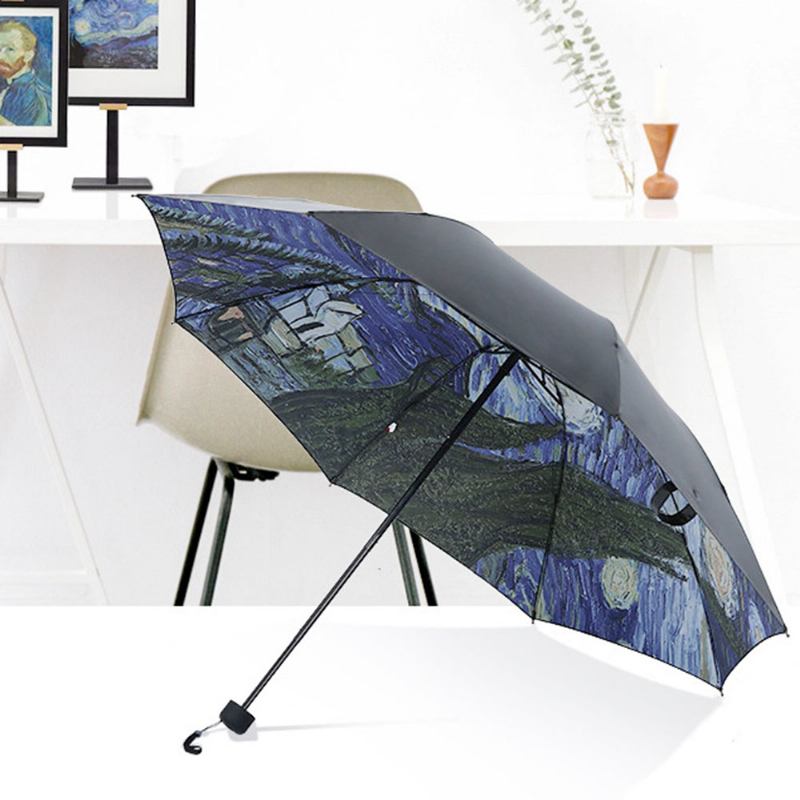 Lady's Multifunctional Outdoor Umbrella With Triple Fold Sun Block Of Van Gogh Painting Design