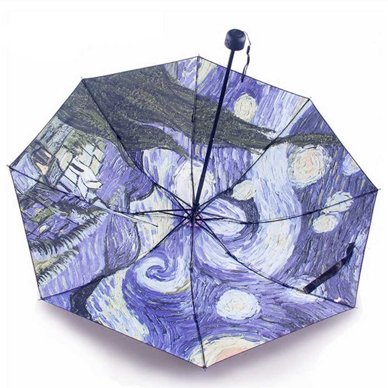 Lady's Multifunctional Outdoor Umbrella With Triple Fold Sun Block Of Van Gogh Painting Design