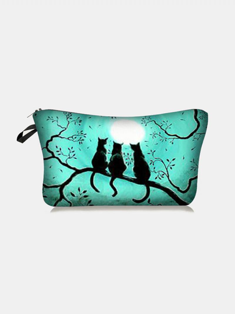 Φορητή Τσάντα Μακιγιάζ Three Black Cat Full Moon Printed Women Αποθήκευσης Travel Wash