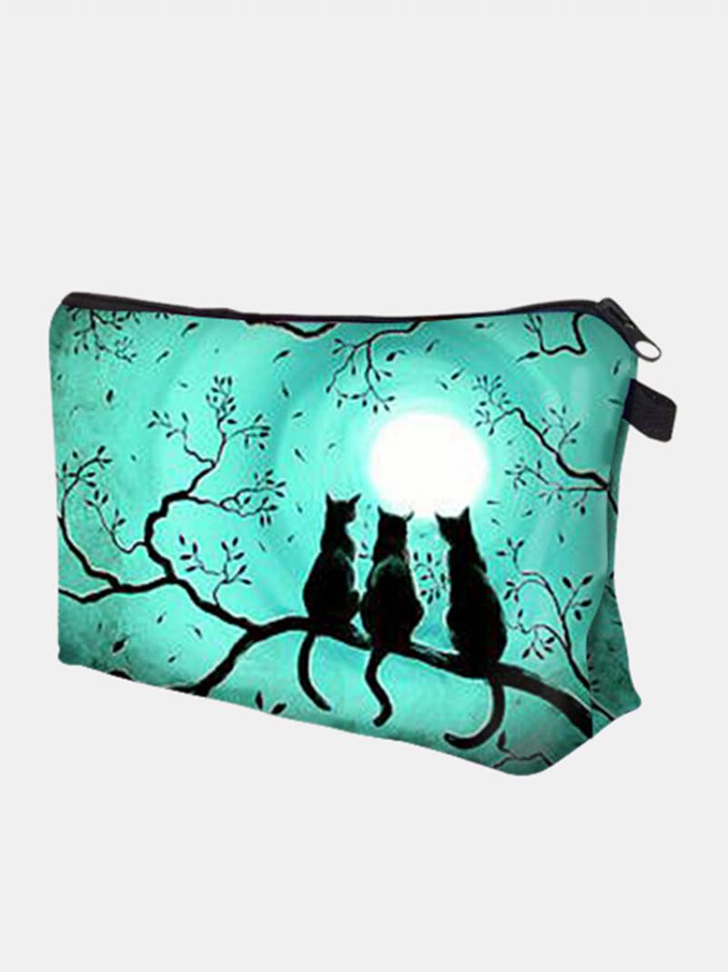 Φορητή Τσάντα Μακιγιάζ Three Black Cat Full Moon Printed Women Αποθήκευσης Travel Wash