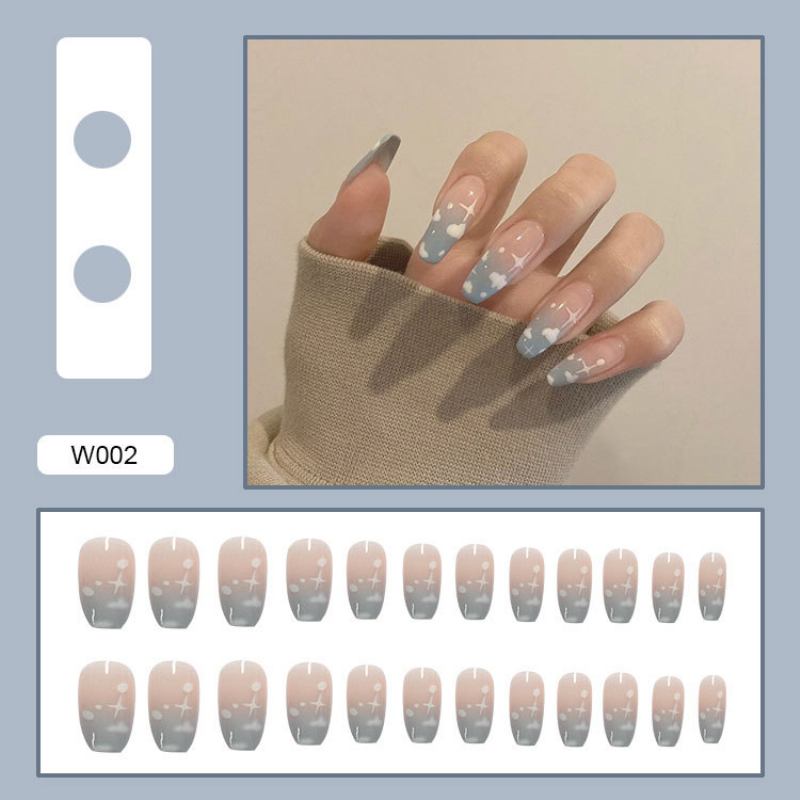 Wearable Nail Departable Pieces Αυτοκόλλητα Νυχιών Blue Sky Και Λευκά Σύννεφα 24 Τεμαχίων Μπαλέτο Νύχια