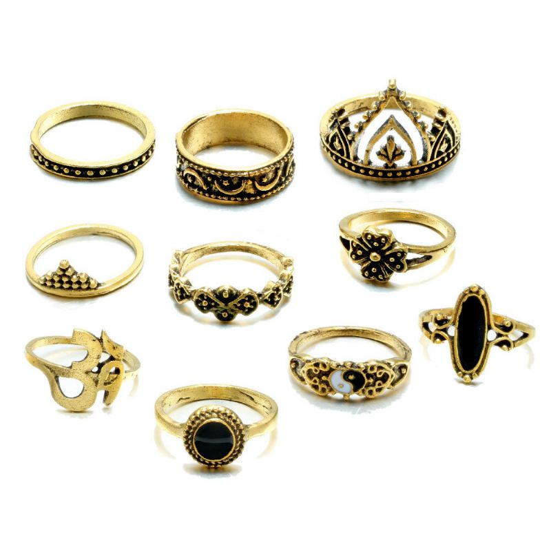 10 Τμχ Bohemian Statement Ring Set Vintage Crown Star Moon Flower Knuckle Rings Για Γυναίκες