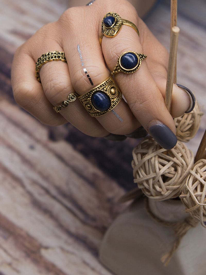 5 Τμχ Bohemian Ring Vintage Τυρκουάζ Δαχτυλίδι Με Κότσι