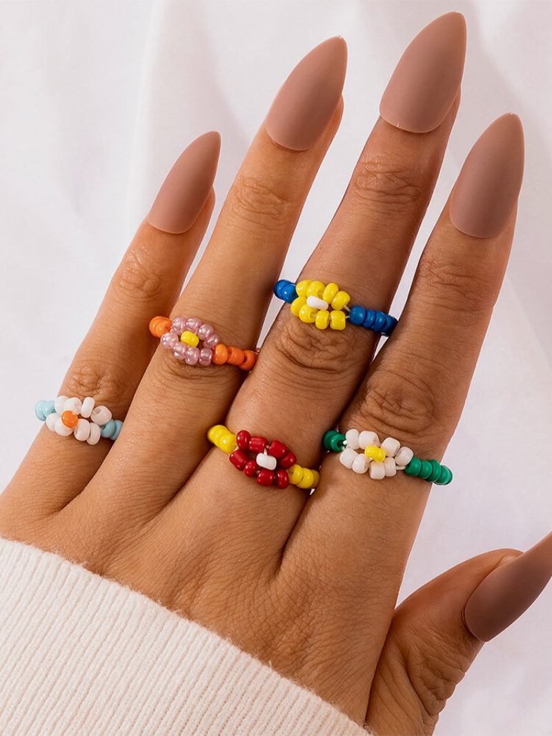 5 Τμχ Σετ Δαχτυλιδιών Με Χάντρες Country Style Flowers Colorful Beads