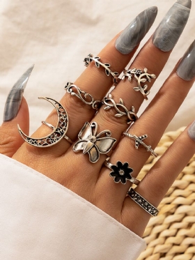 Δαχτυλίδι Από Κράμα 9 Τμχ Vintage Vine Leaves Moon Butterfly Flower Set Rings