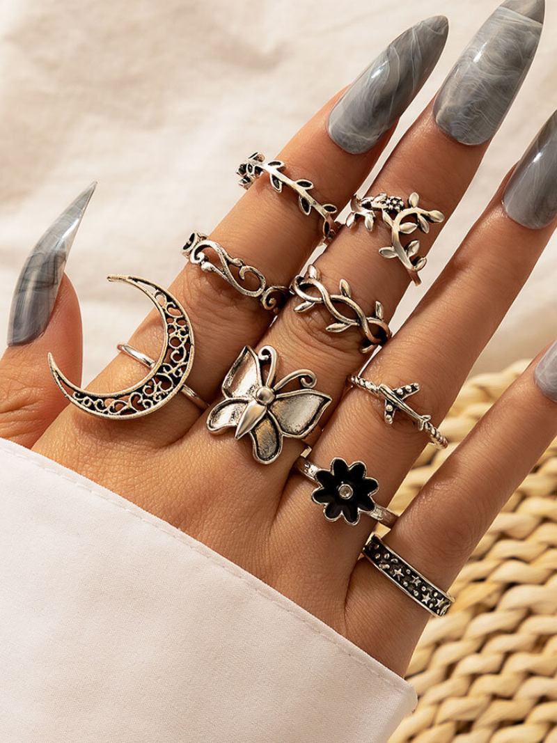 Δαχτυλίδι Από Κράμα 9 Τμχ Vintage Vine Leaves Moon Butterfly Flower Set Rings