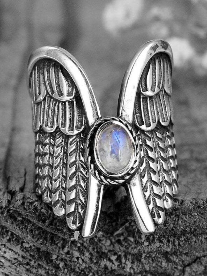 Δαχτυλίδι Από Κράμα Vintage Angel Wing Moon Stone Γυναικείο Ταϊλανδέζικο Ασημένιο Πουπουλένιο