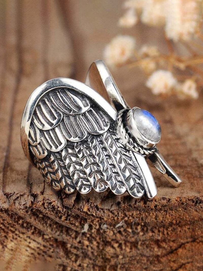 Δαχτυλίδι Από Κράμα Vintage Angel Wing Moon Stone Γυναικείο Ταϊλανδέζικο Ασημένιο Πουπουλένιο