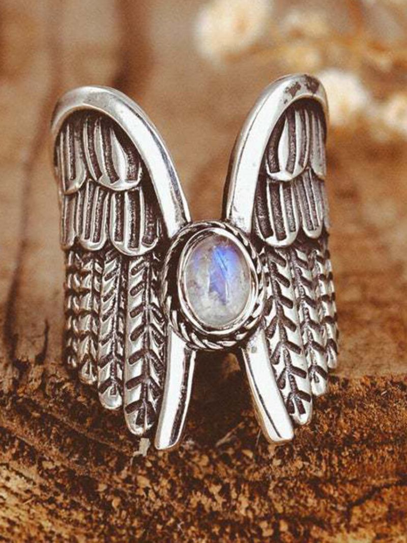 Δαχτυλίδι Από Κράμα Vintage Angel Wing Moon Stone Γυναικείο Ταϊλανδέζικο Ασημένιο Πουπουλένιο