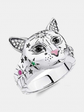Δώρο Κοσμήματος Vintage Γυναικείο Δαχτυλίδι Ζώων Με Κεφάλι Γάτας Χρωματιστό Με Αστέρια