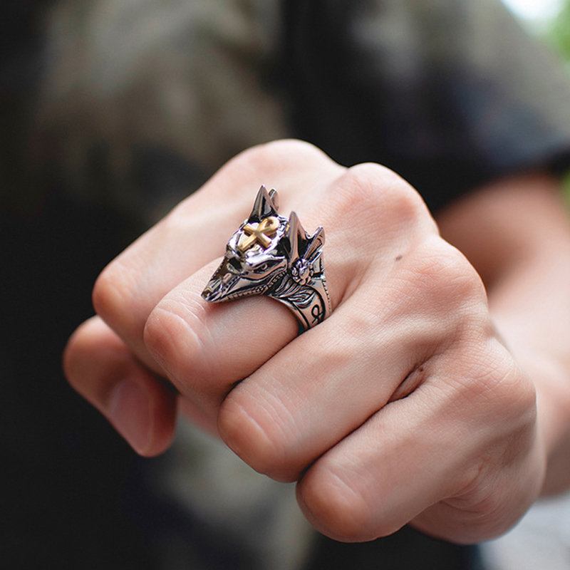 Punk Finger Rings Titanium Steel Cross Anubis Head Portrait Αξεσουάρ Ανδρικά Κοσμήματα