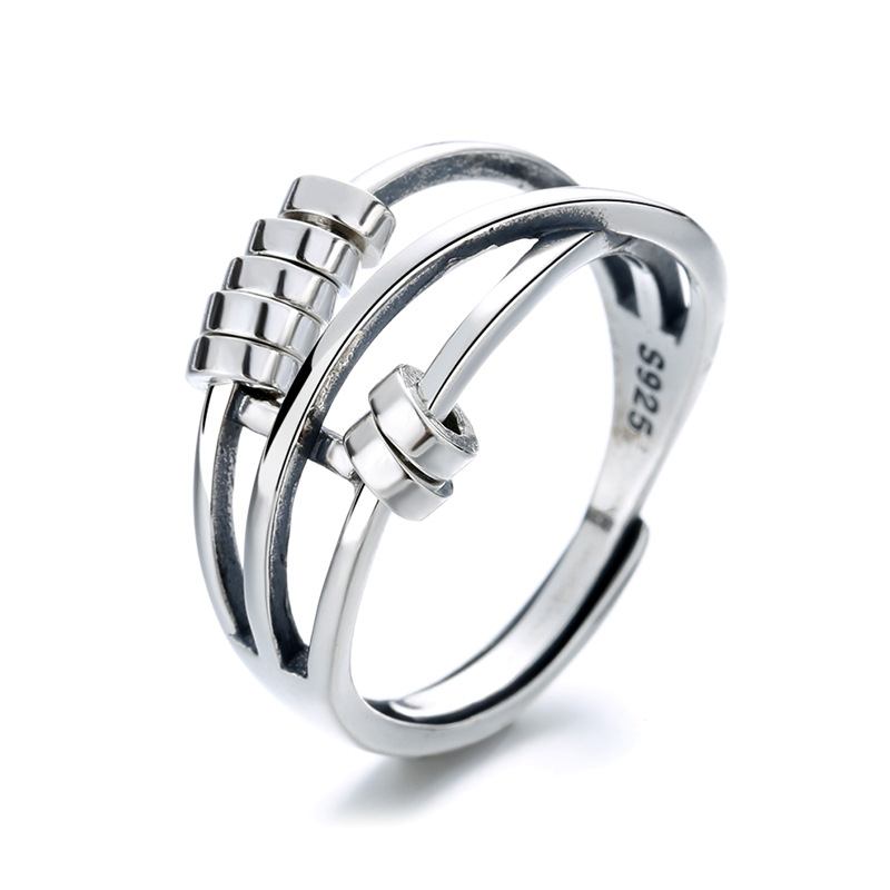 S925 Sterling Silver Fashion Temperament Με Τρία Δαχτυλίδια Έξυπνο Δαχτυλίδι Με Χάντρες Μεταφοράς Πολλαπλών Κύκλων