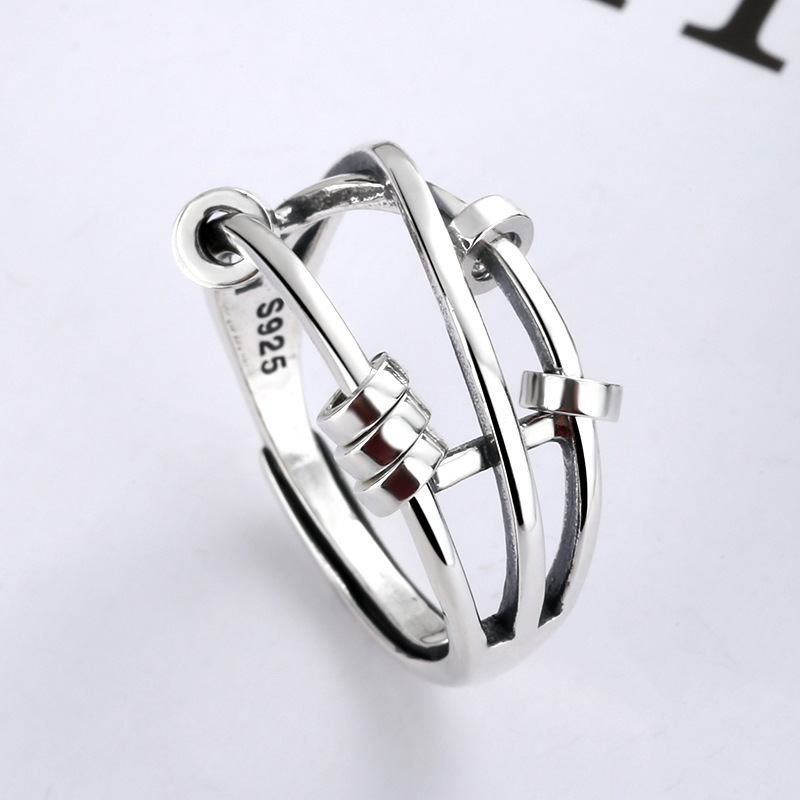 S925 Sterling Silver Fashion Temperament Με Τρία Δαχτυλίδια Έξυπνο Δαχτυλίδι Με Χάντρες Μεταφοράς Πολλαπλών Κύκλων