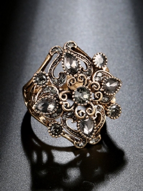 Vintage Μεταλλικό Γκρι Διαμαντένιο Δαχτυλίδι Αρχαίο Χρυσό Σκαλισμένο Με Κρυστάλλινα Δάχτυλα