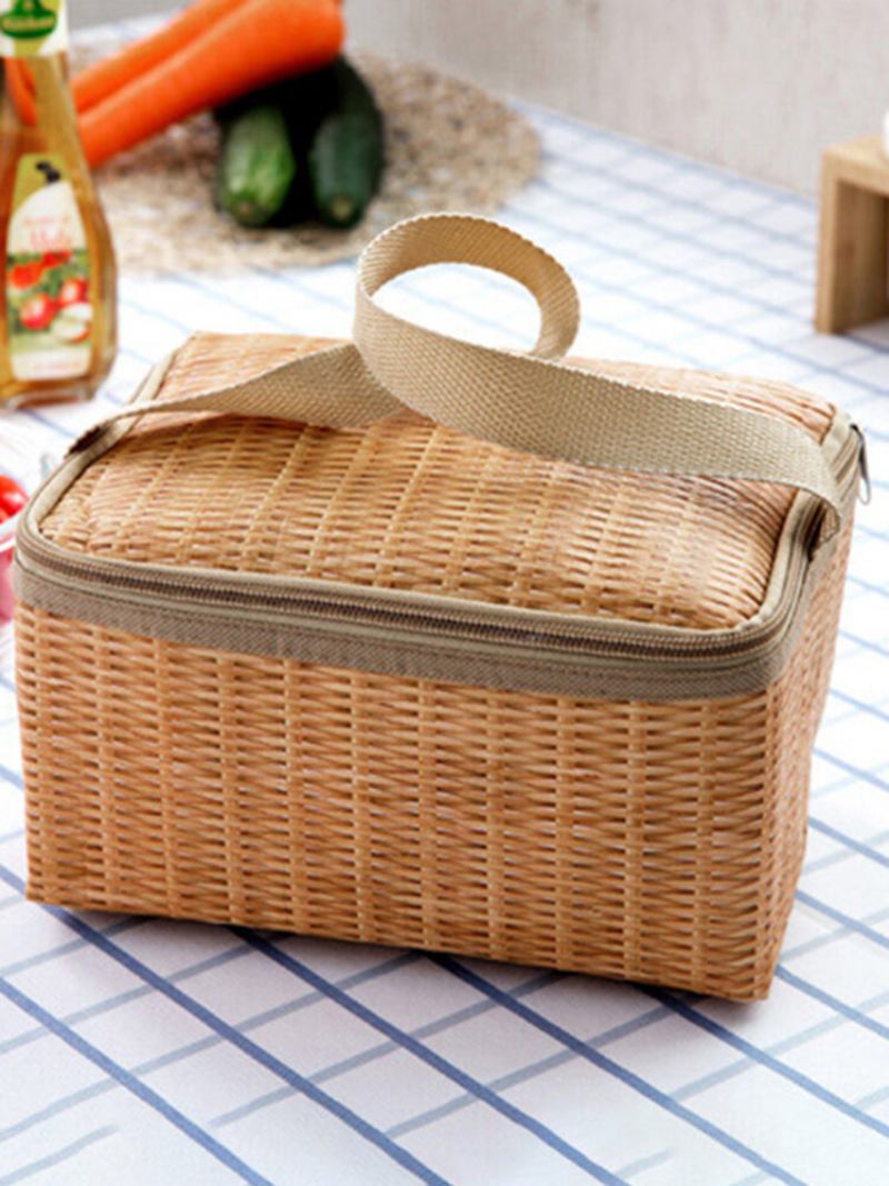 Απομίμηση Rattan Brazier Bag Thickening Lunch Tote Bag Cooler Insolated Handbag Τσάντα Ταξιδιού Για Πικνίκ