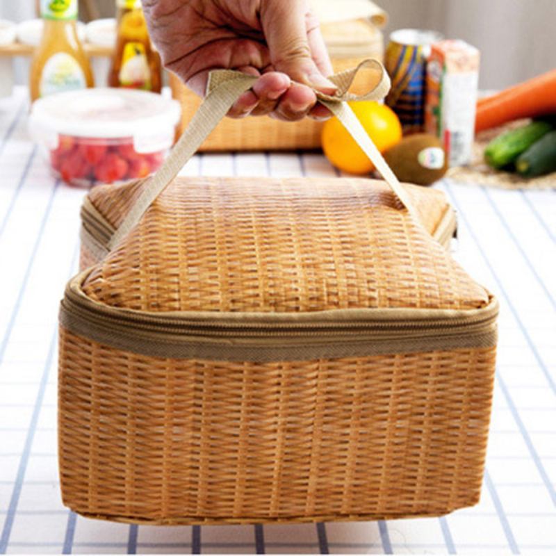 Απομίμηση Rattan Brazier Bag Thickening Lunch Tote Bag Cooler Insolated Handbag Τσάντα Ταξιδιού Για Πικνίκ