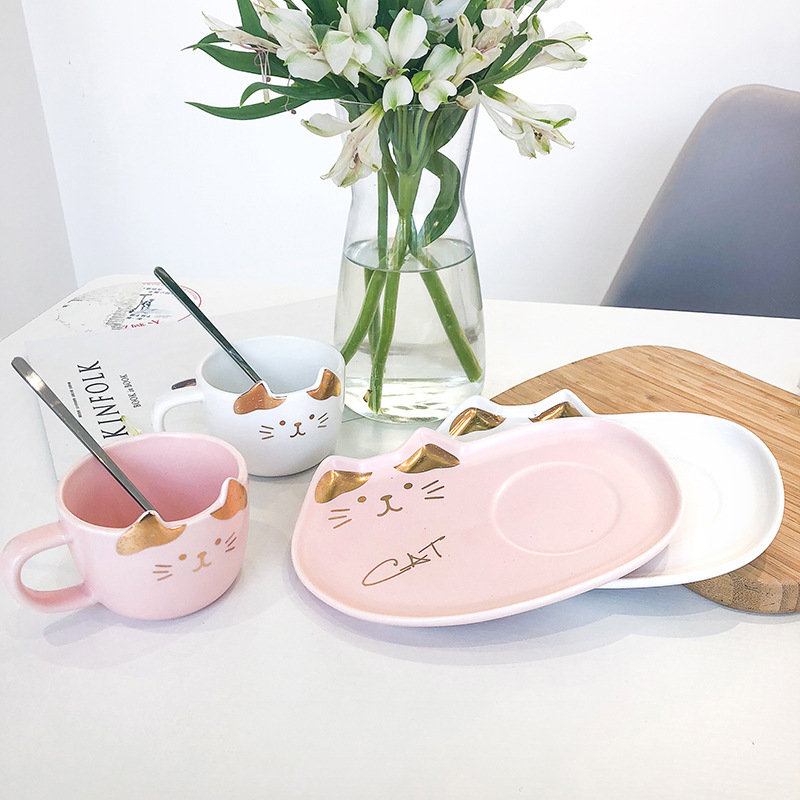 Cat Gold Ceramic Coffee Cup Dish Restaurant With Water Cup Cup Office