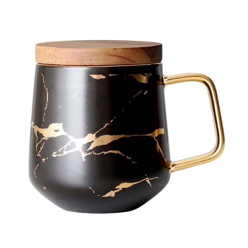 Golden Marbling Ceramic Cup Κούπα Καφέ Οικιακής Χρήσης Με Καπάκι Πιατάκι Ματ Χρυσή Μαρμάρου Ποτό Πρωινού