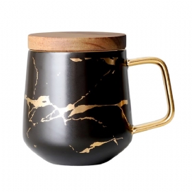 Golden Marbling Ceramic Cup Κούπα Καφέ Οικιακής Χρήσης Με Καπάκι Πιατάκι Ματ Χρυσή Μαρμάρου Ποτό Πρωινού