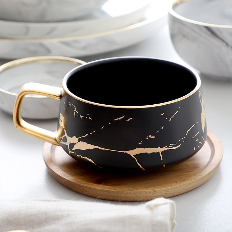 Golden Marbling Ceramic Cup Κούπα Καφέ Οικιακής Χρήσης Με Καπάκι Πιατάκι Ματ Χρυσή Μαρμάρου Ποτό Πρωινού