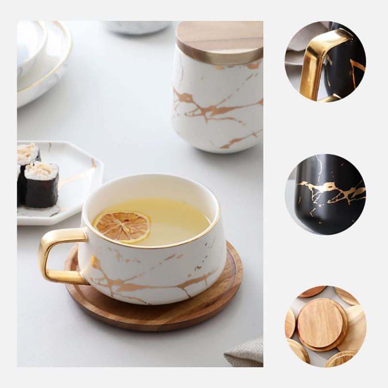 Golden Marbling Ceramic Cup Κούπα Καφέ Οικιακής Χρήσης Με Καπάκι Πιατάκι Ματ Χρυσή Μαρμάρου Ποτό Πρωινού