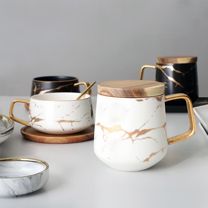 Golden Marbling Ceramic Cup Κούπα Καφέ Οικιακής Χρήσης Με Καπάκι Πιατάκι Ματ Χρυσή Μαρμάρου Ποτό Πρωινού