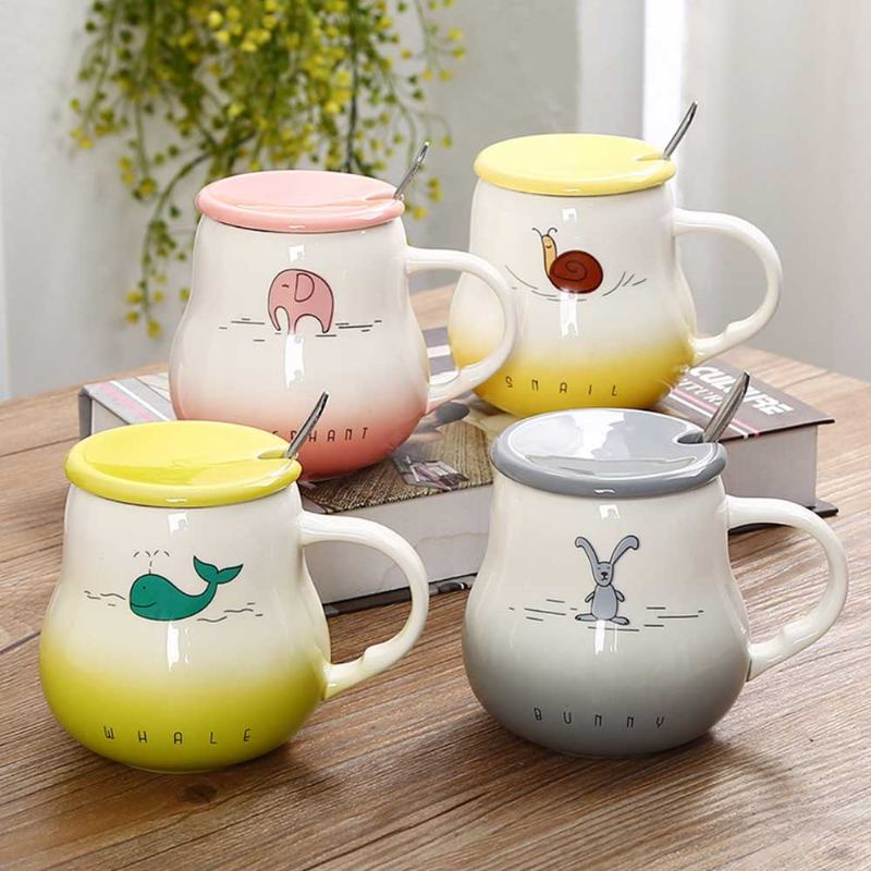 Κούπα Cartoon Pot Bellied Color Gradient With Cover Scoop Lovely Ceramic Animal 401-500ml