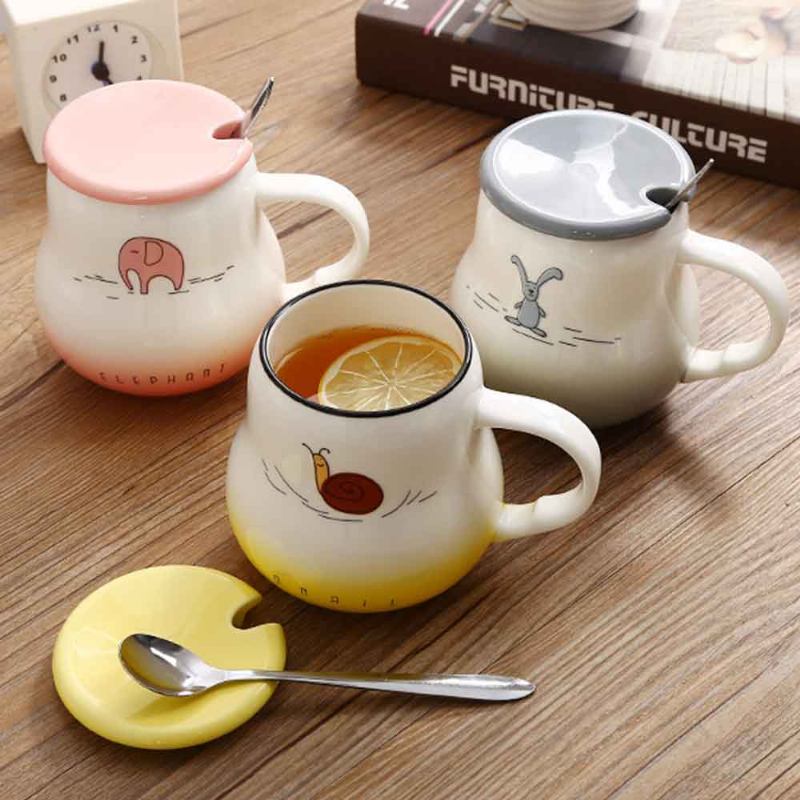 Κούπα Cartoon Pot Bellied Color Gradient With Cover Scoop Lovely Ceramic Animal 401-500ml