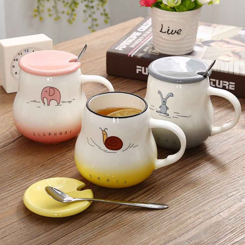 Κούπα Cartoon Pot Bellied Color Gradient With Cover Scoop Lovely Ceramic Animal 401-500ml