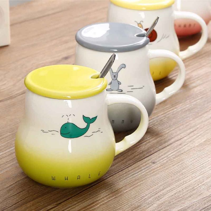 Κούπα Cartoon Pot Bellied Color Gradient With Cover Scoop Lovely Ceramic Animal 401-500ml