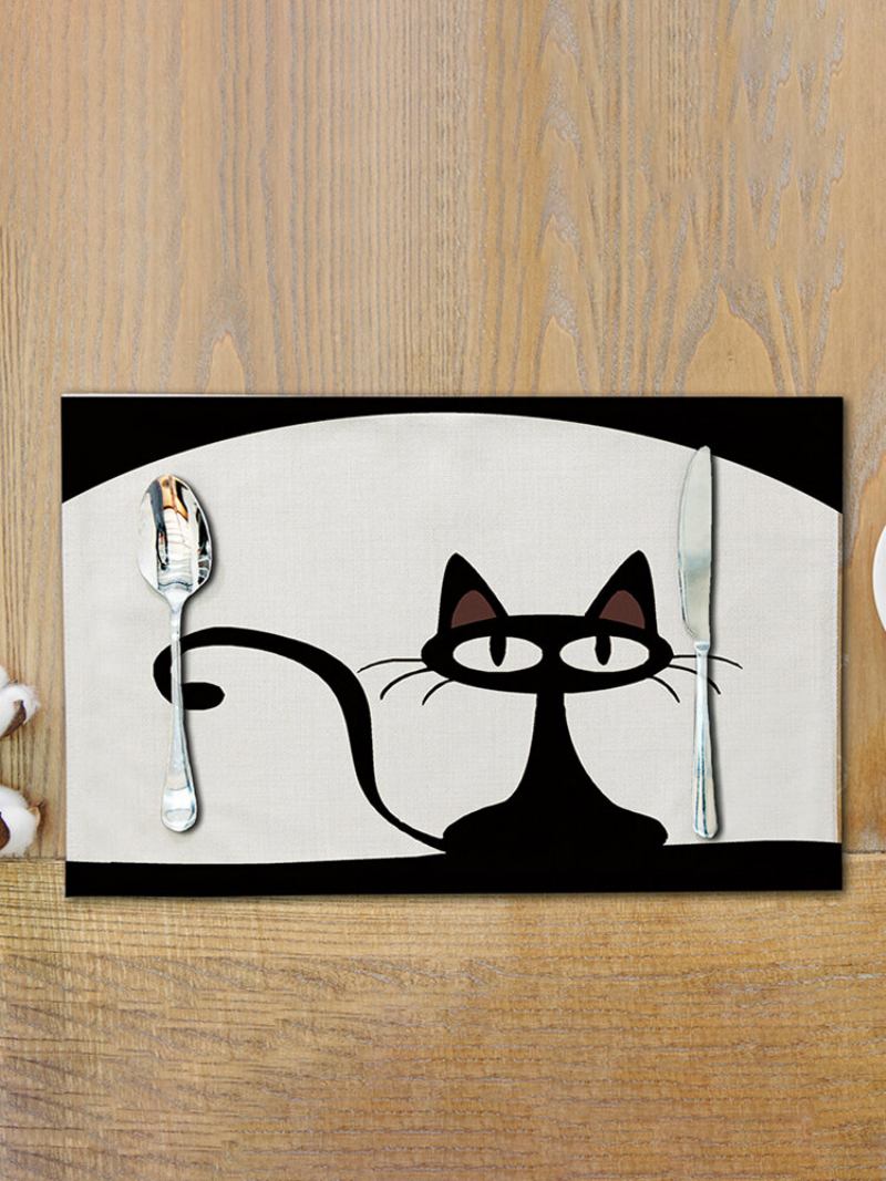 Lovely Cat Dining Mat Cartoon Black Cat Pattern Με Στάμπα Από Βαμβάκι Και Λινό