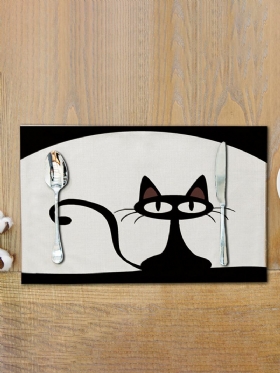 Lovely Cat Dining Mat Cartoon Black Cat Pattern Με Στάμπα Από Βαμβάκι Και Λινό