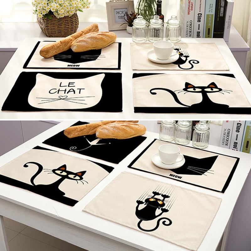 Lovely Cat Dining Mat Cartoon Black Cat Pattern Με Στάμπα Από Βαμβάκι Και Λινό