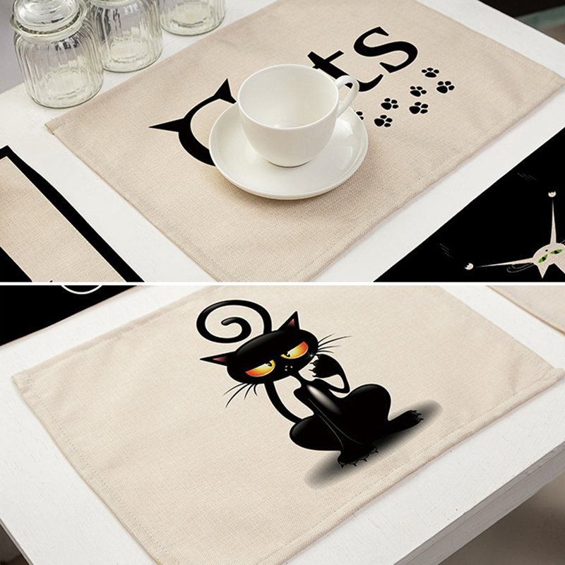 Lovely Cat Dining Mat Cartoon Black Cat Pattern Με Στάμπα Από Βαμβάκι Και Λινό